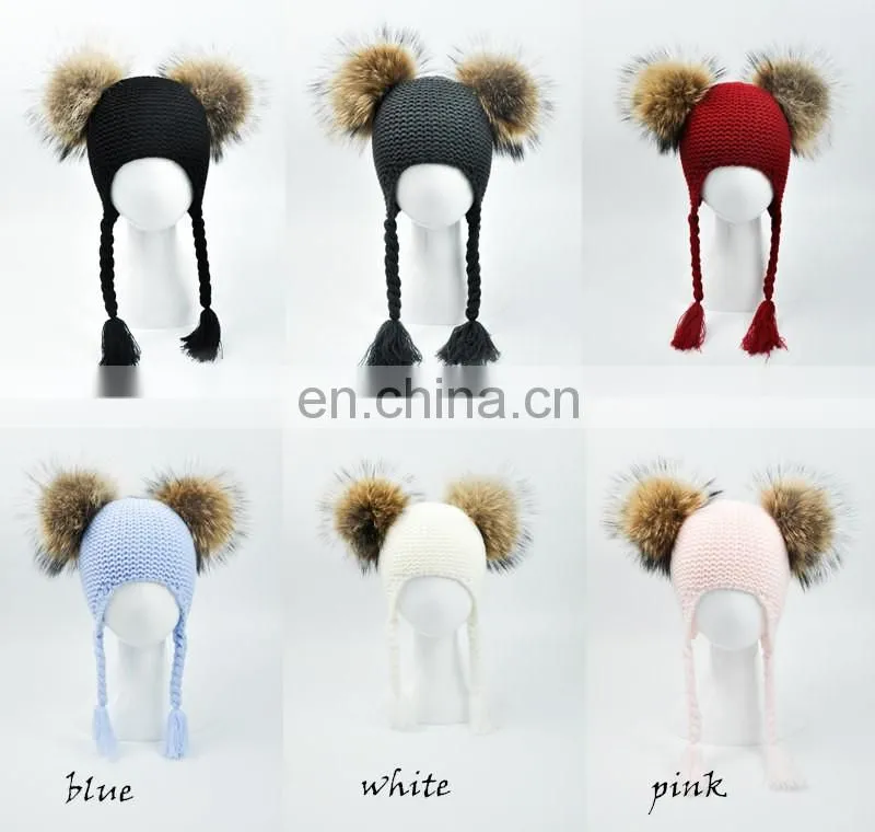 High Quality Fashionable Kids Beanie Hats With Two Fur Pom Poms Baby Fur Hat