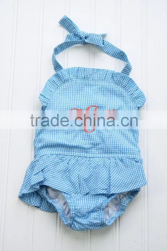 Blue or Pink Gingham One Piece Baby Girls Ruffled Swimsuit