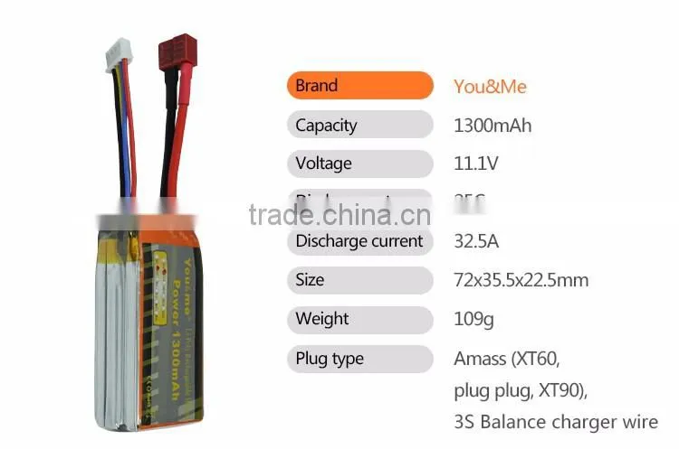 You&Me 3S 11.1V 1300mAh 25C Lithium Polymer Battery For RC Quadcopters RC Models