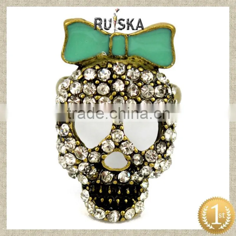 ALLOY RING WITH RHINESTONE,SKULL HEAD RING WITH BOWKNOT