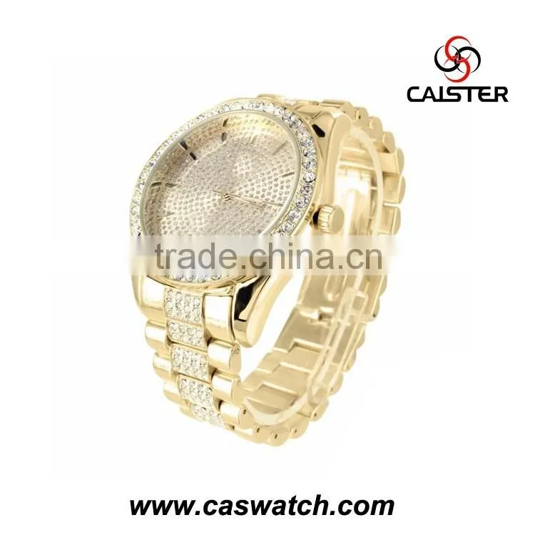 Hotsale gold-plated wristwatch, trendy Geneva Alloy Metal Hip Hop Bling Bling Watch, big face watch