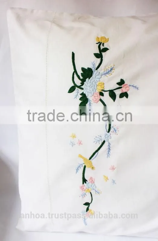 Colorful flowers and bird embroidered hemstitched pillowcases, pure cotton pillowcase