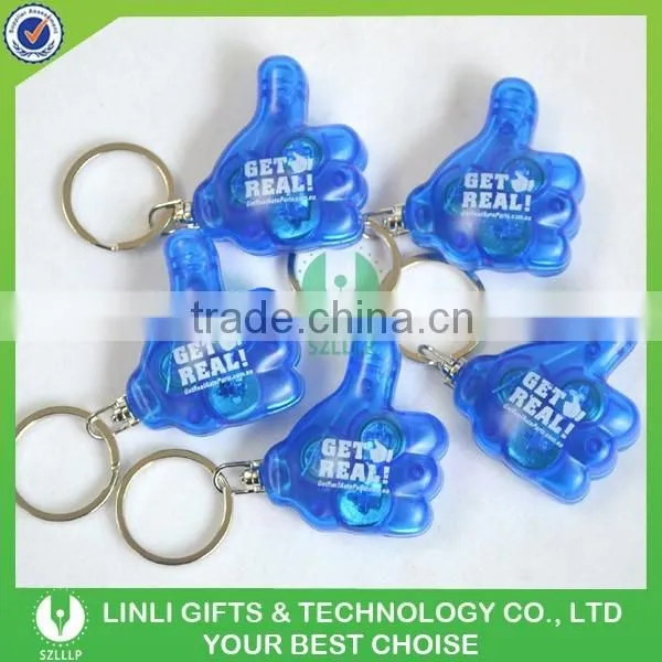 Thumb shape oem logo plastic led keyring light for advertising