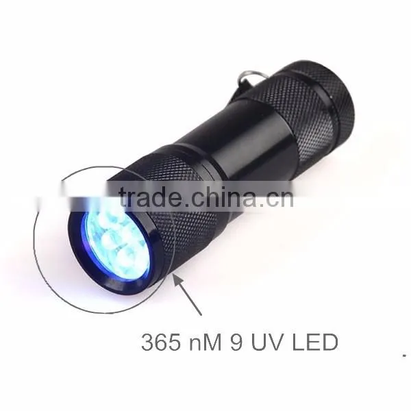 9 led 365nm uv flashlight for detecting fluorescer in cosmetics and baby stuff, Counterfeit Banknotes, Minerals, diamonds