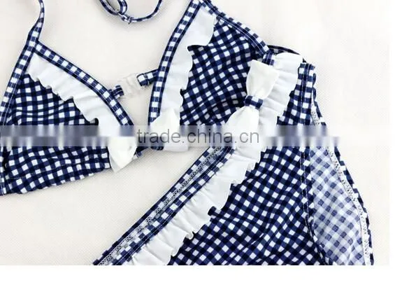 Girl Children Kid Bowknot Bikini Bowknot Check Strip Swimsuit Swimwear Beachwear