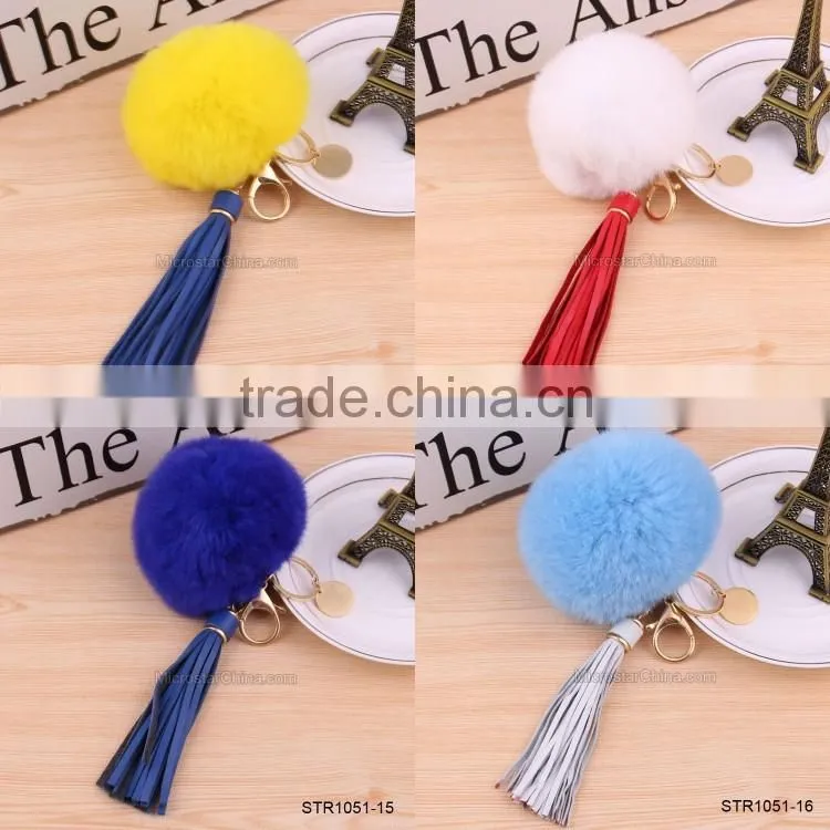 Custom Logo Genuine Leather Tassel Rabbit Fur Key Chain Pom Pom Fur Keychain