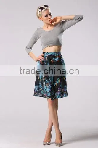 Stylish Lady Sexy Women's Fashion Knee-length Floral Printed Pleated Skirt