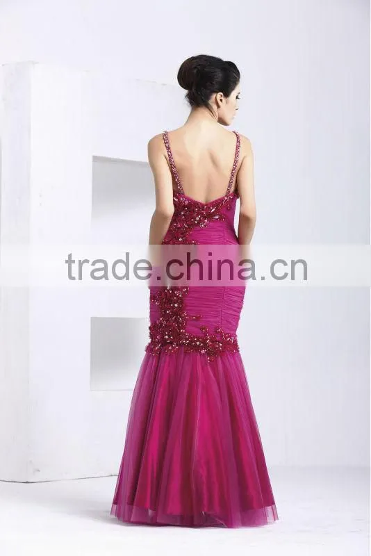 New design sexy backless spaghetti strap beaded mermaid fishtail sleeveless evening dress 2014