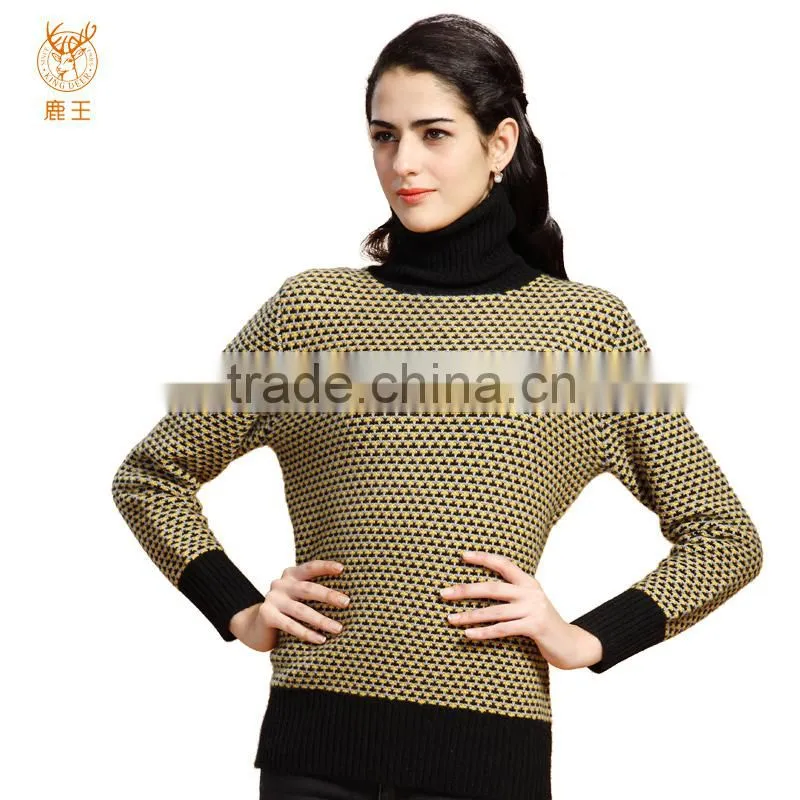 Women Jacquard Knitting Cashmere Sweater, Ladies Delicate Black Neck Sweater