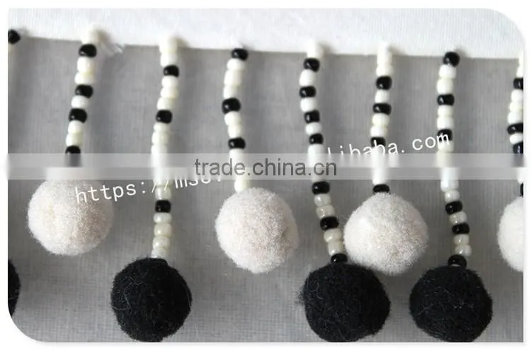 Newest 7cm width black/white handmade beaded pom pom fringe wholesales