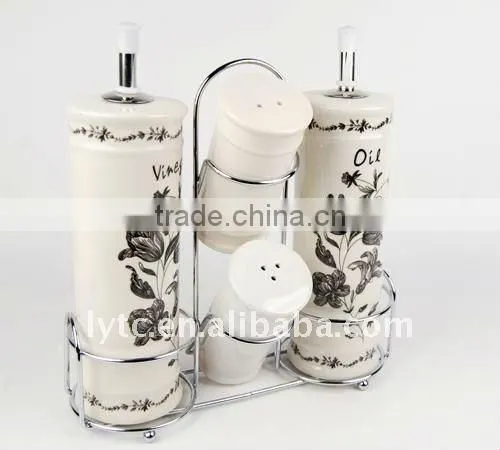 4PCS ceramic salt & oil vinegar bottle with metal stand,ceramic spice jar,ceramic seasoning pot,ceramic cruet set