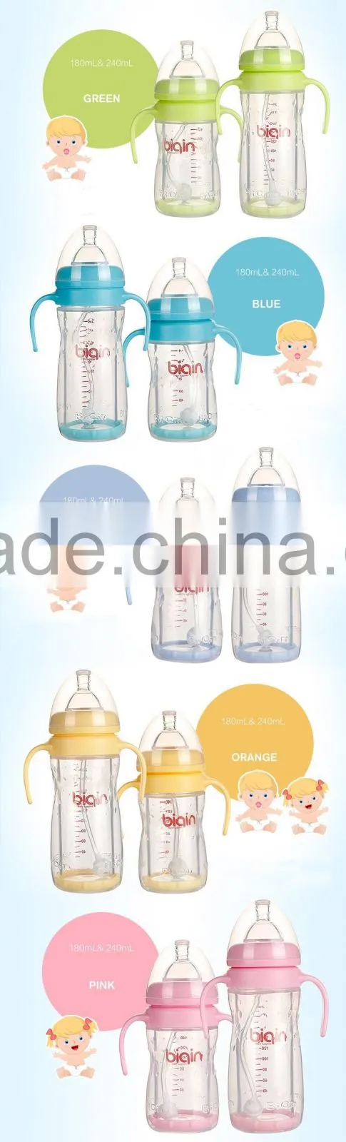 Eco-friendly wide neck baby feeding vacuum bottle with handle