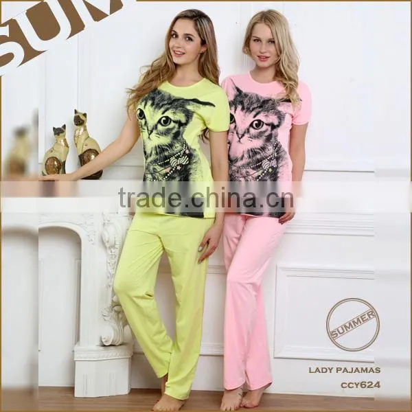 2015 wholesale custom s/s cotton cat printed design long pants fancy lady pyjamas
