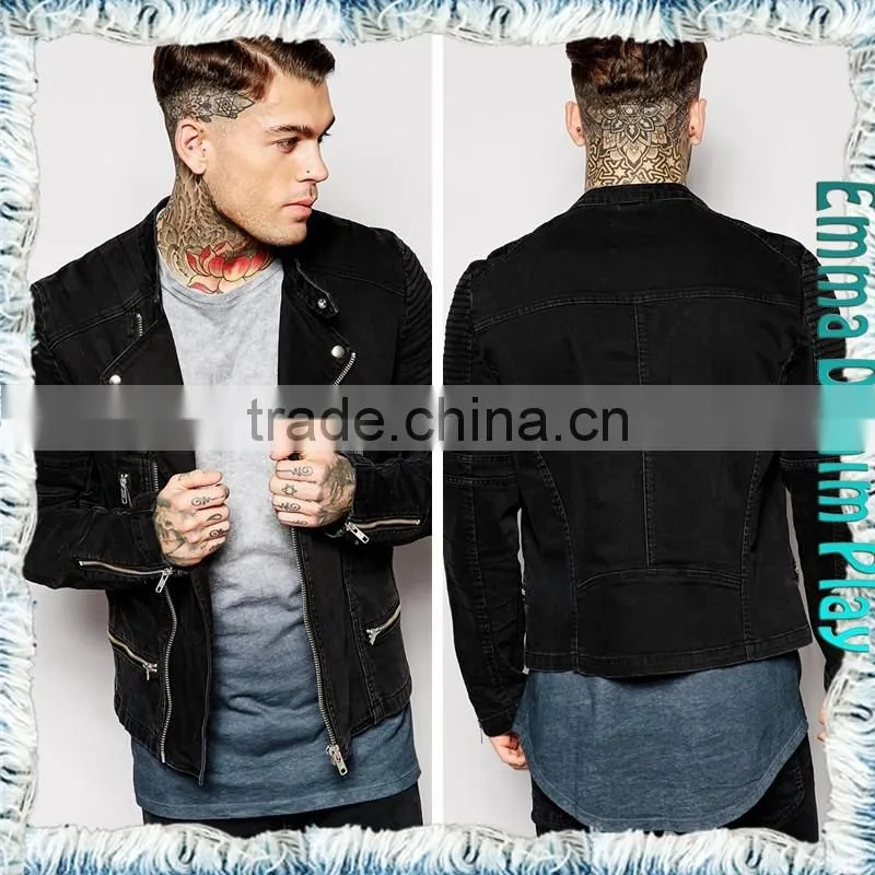 2015 New Man's Zipper Closure Full Sleeves Black Cotton Tight Fit Denim Jackets