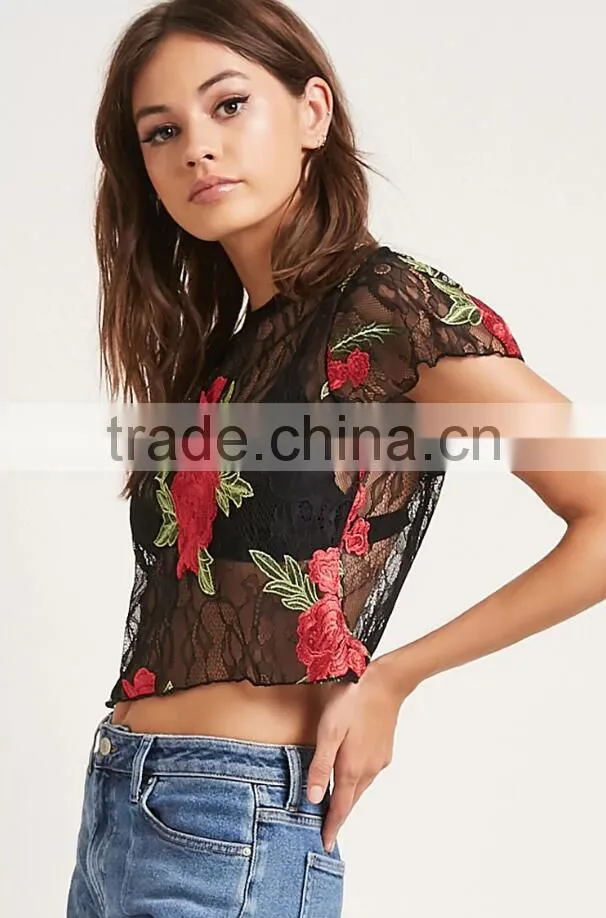 Guangzhou Shandao OEM Service Summer New Design Fashion Short Sleeve Black Lace Embroidered Womens Crop Top