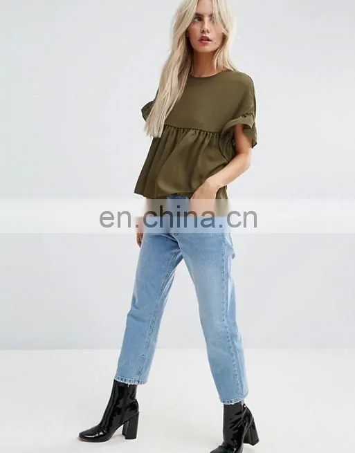 China Product Women Fashion Navy Blue Smock Top with Ruffle Sleeve