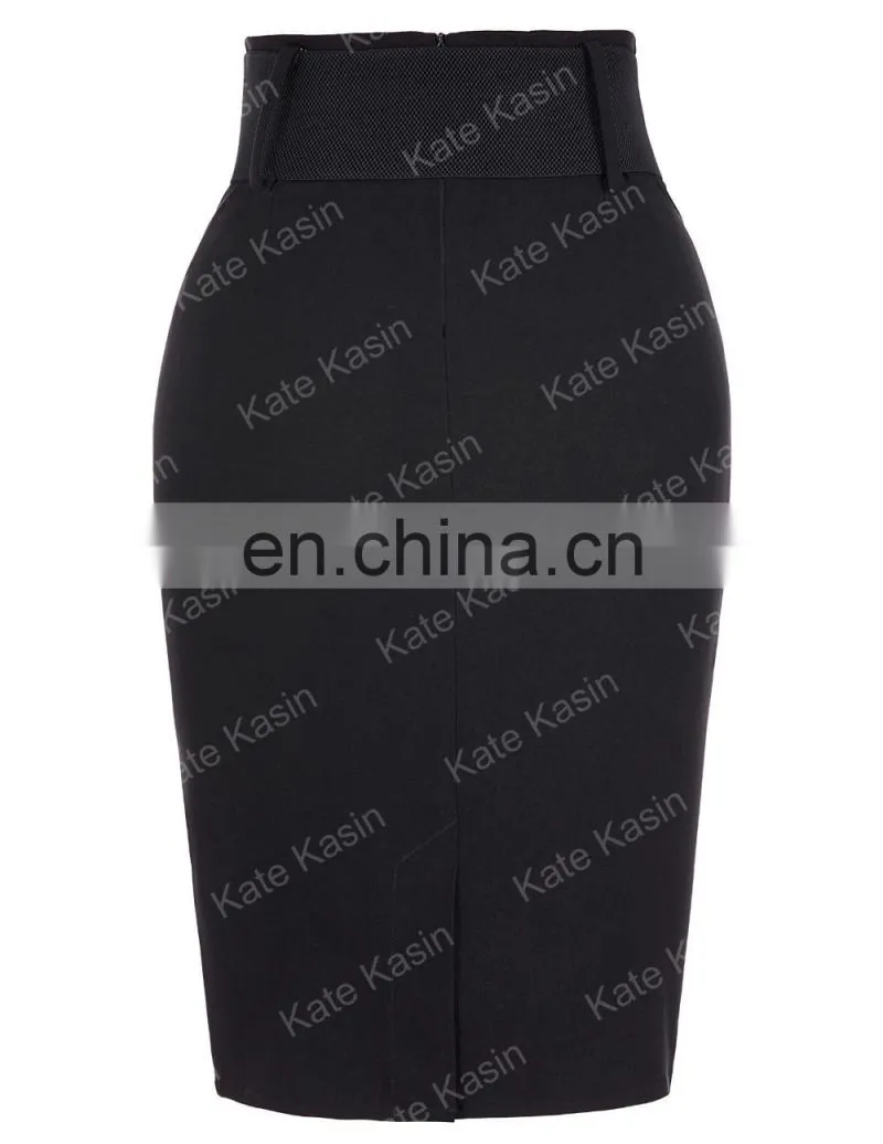 Kate Kasin Women's Shirred Detail High Stretchy Pencil Skirt with Wide Belt KK000271-1