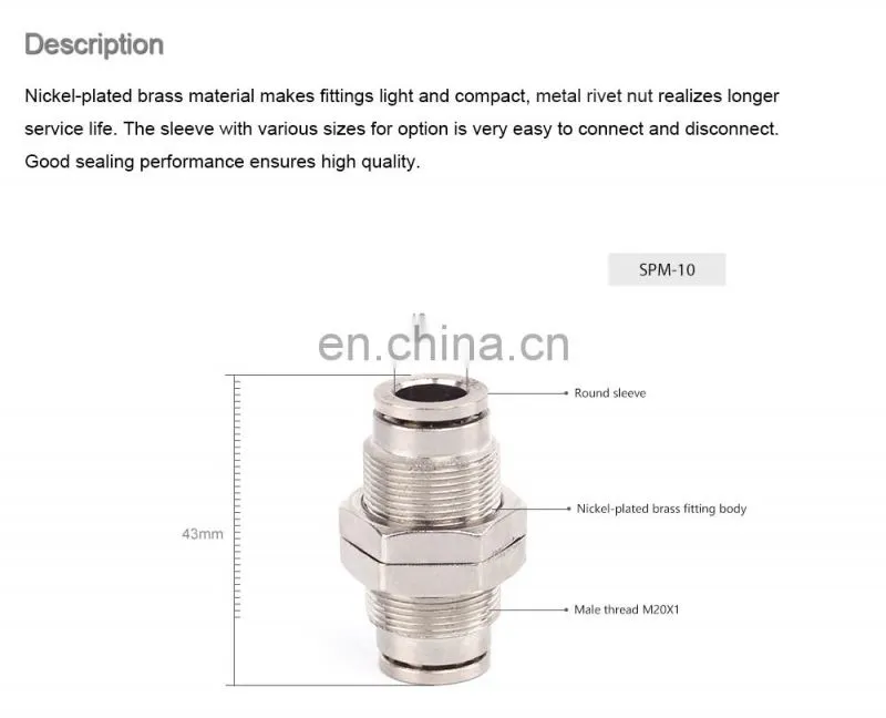 wholesale pneumatic nickel-plated brass straight through push to connection pipe fittings