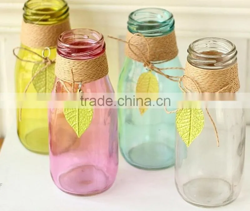 glass vase with rope wrapped.colored small glass vases
