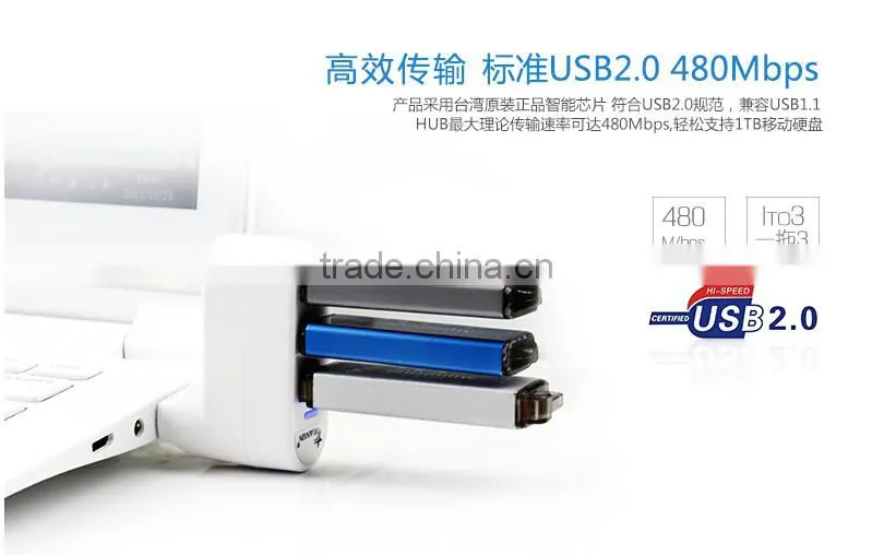 2.0 High Speed 3 Ports Rotatable USB HUB For Notebook Computers