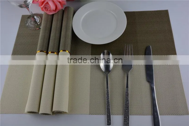 2015 New Arrival Gold Color Home Kitchen Dining Placemat Fashion Adiabatic PVC Strip Weave Table Mat