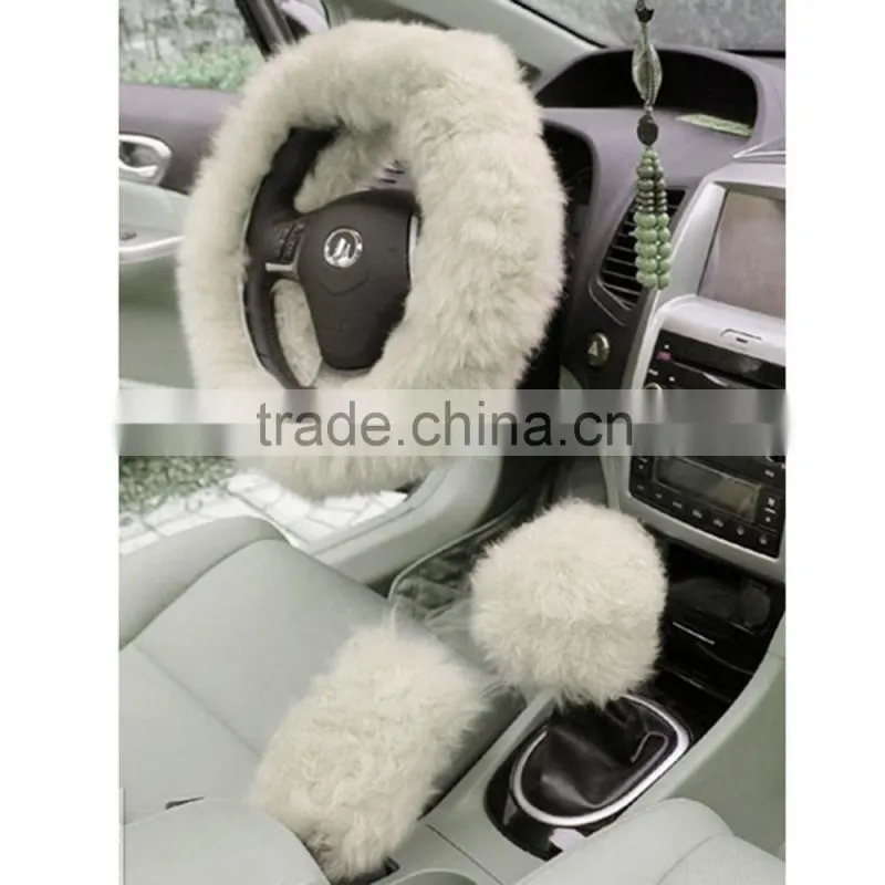 Charm Warm Long Wool Fur Plush car Steering Wheel Cover woolen Car Handbrake Accessory
