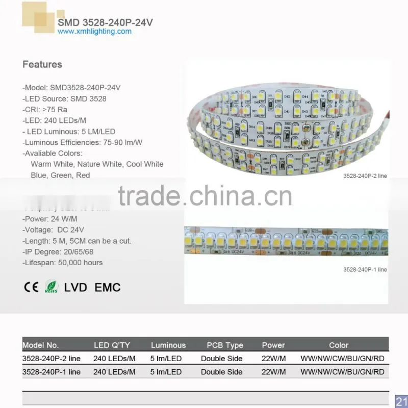 DC 12V/24V SMD 3528 60LEDs/M 4.8 watt per meter white PCB with CE/RoHS/LVD 3528 led strip