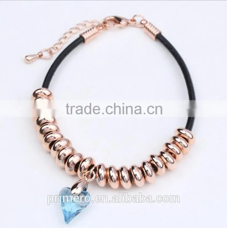 Fashion Austrian Crystal Plated Bracelets Leather Rope Heart Love Beads Bangles Jewelry