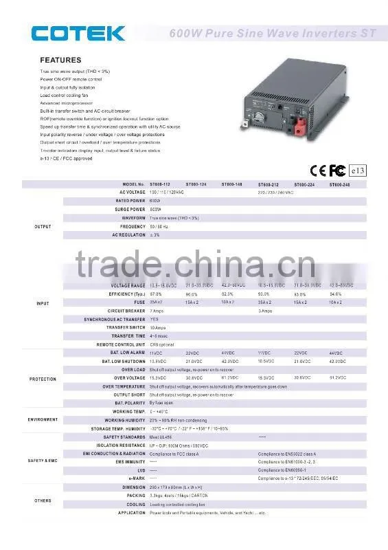 ST600-248 COTEK 600w pure sine wave inverters 12V/24V/48V CE FCC