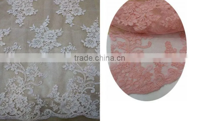 Wholesale white bridal embroidered tulle lace fabric
