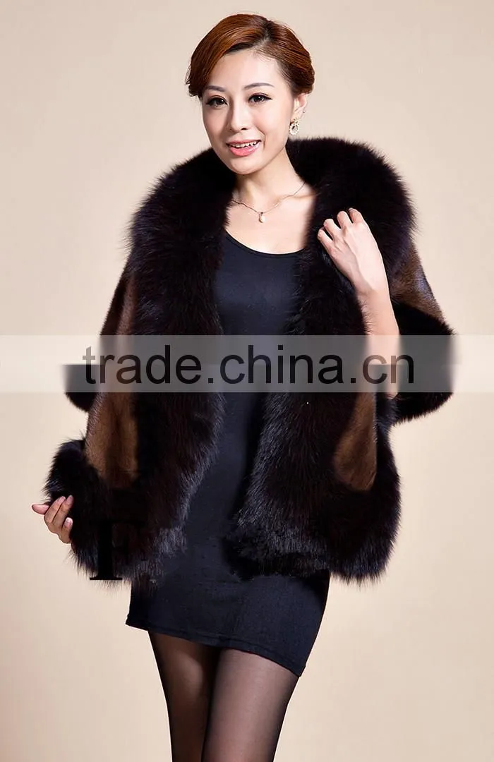 Lady's Real Mink Fur With Fox Fur Coat Mink Fur Coat Poncho / Shawl / Coats