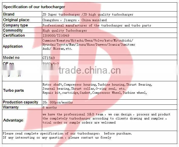 Designed GT1549 703245-2 Turbocharger for Renault