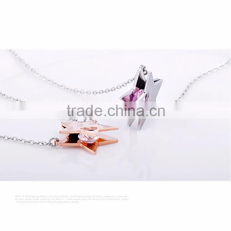 Shiny Stainless Steel Necklace with Star Engraved Charms and CZ Stone