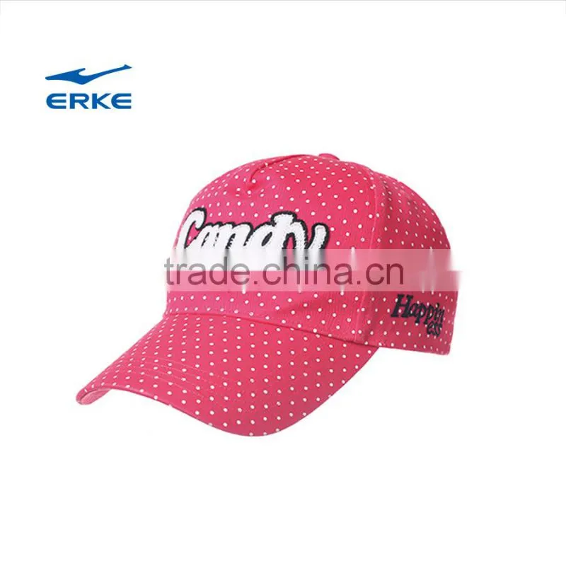 ERKE girls lovely low profile 6 panel baseballl cap with dot and letters embroidered cotton snapback hats