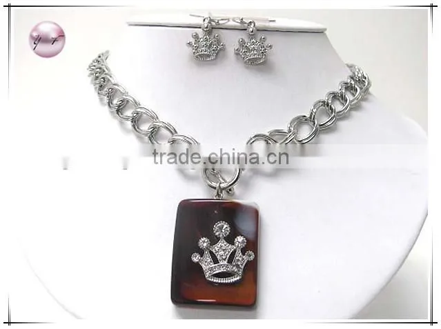 Crystal crown on formica stone pendant toggle chain necklace earring set