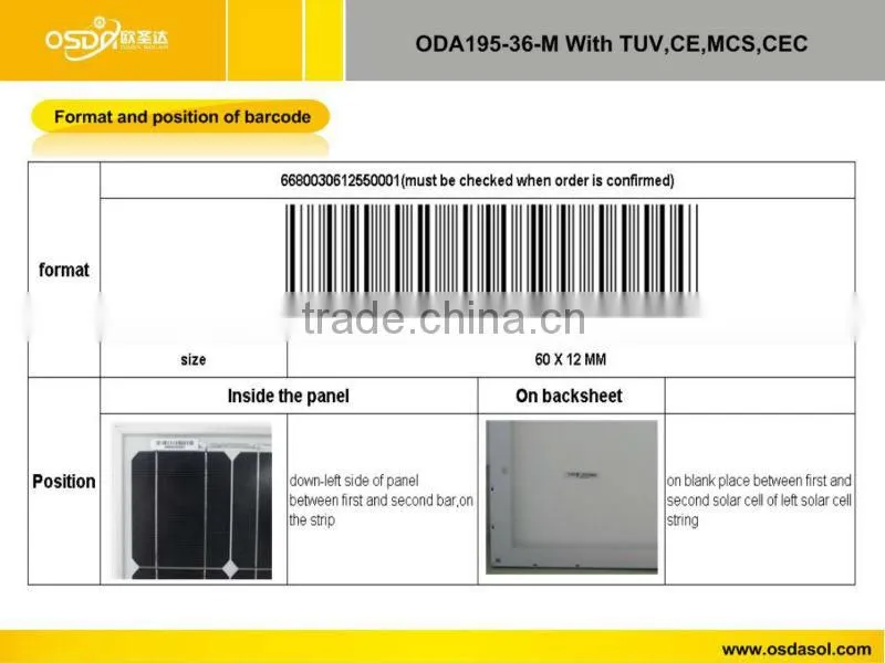 TUV MCS CEC certificated monocrystalline 195W solar panel