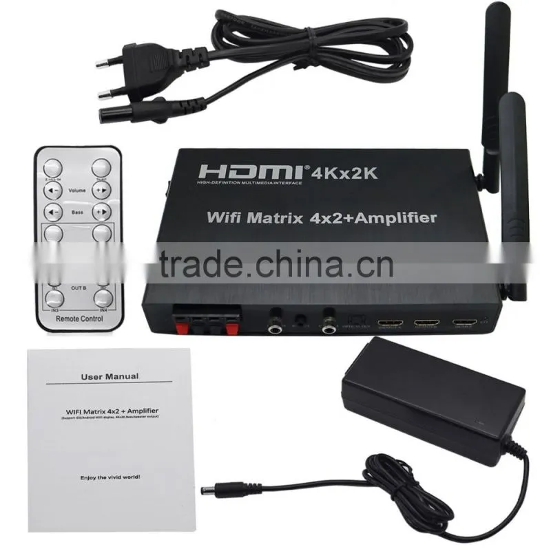 WIFI HDMI Matrix 4x2 + Amplifier (Support IOS/Android WIFI display, 4Kx2K,Bass/speaker output)