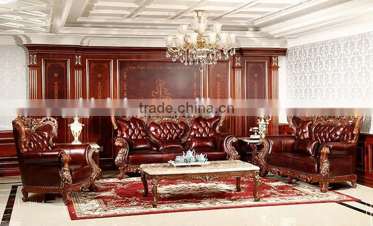 Luxurious Classic Solid Wood Hand Carved Leather Sofa, Hotel lobby Leather Sofa Set(MOQ=1 SET)