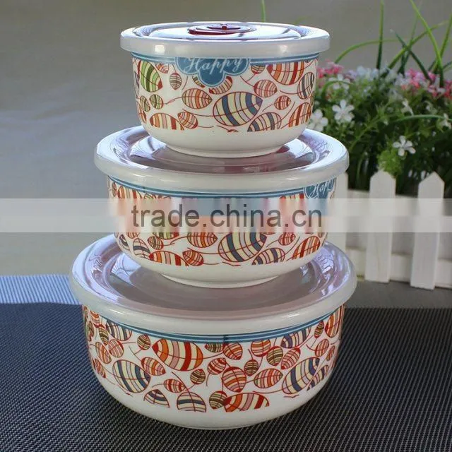 custom printed ceramic bowl bowls with airtight lids ,3pcs porcelain fresh seal bowl