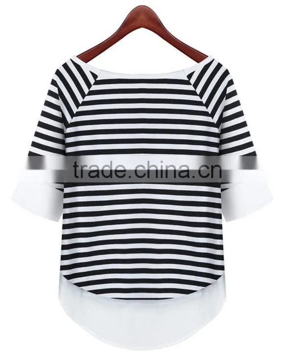 Summer simple latest fashion women Black and white striped lady shirt chiffon fabric chiffon blouse