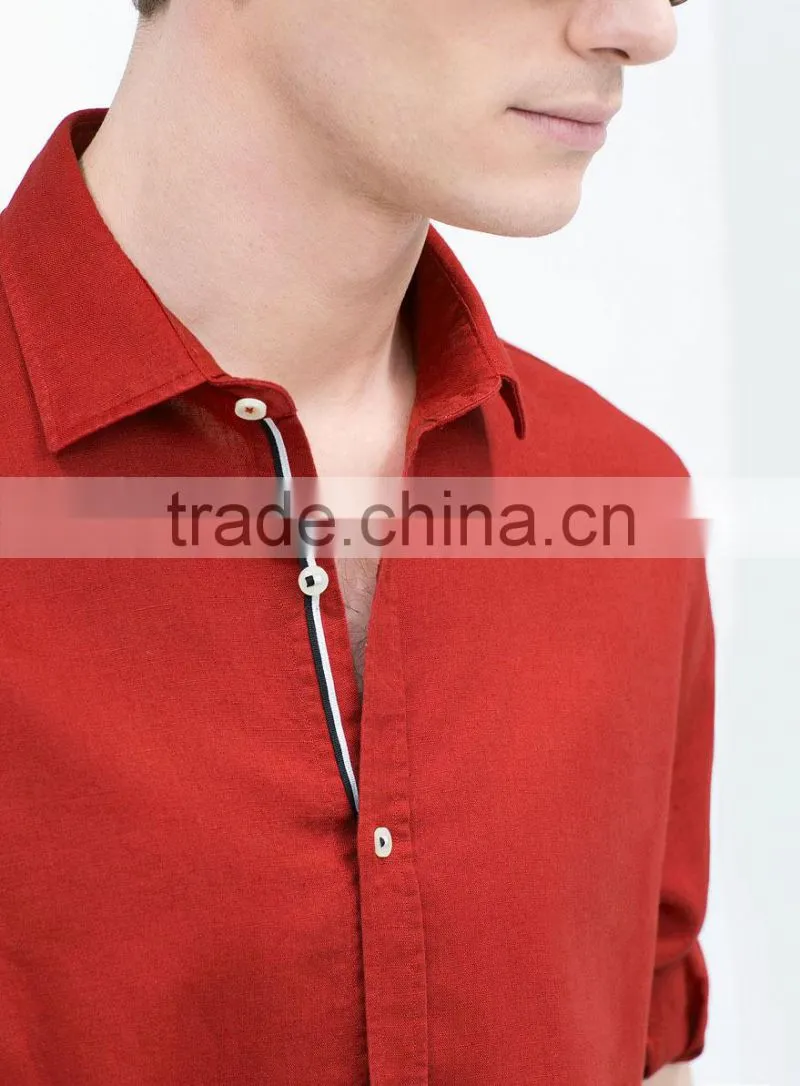 2015 linen cotton classic collar solid color contrast ribbon breathable fabric latest design for holiday