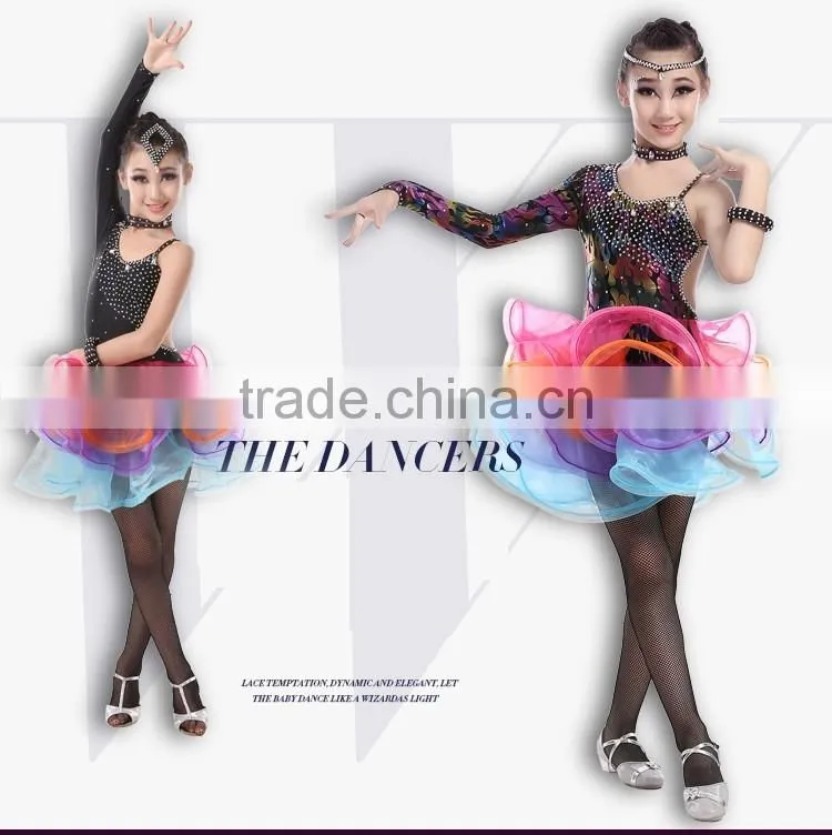 Girls Salsa Latin Performance Dresses Child Unequal Dance Dress Kids Fluorescent Rainbow Colored Ballroom Dresses