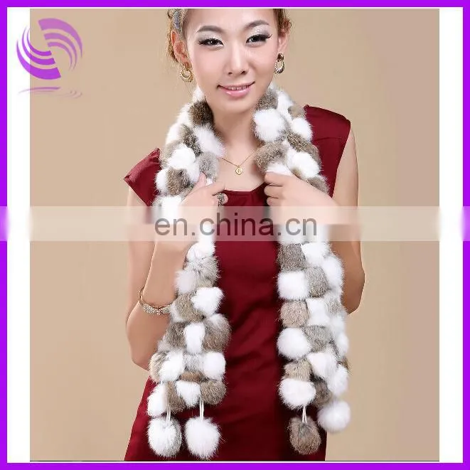 2014 New Fashion Beautiful Rabbit Fur Pompon Scarf Women Fur Scarf