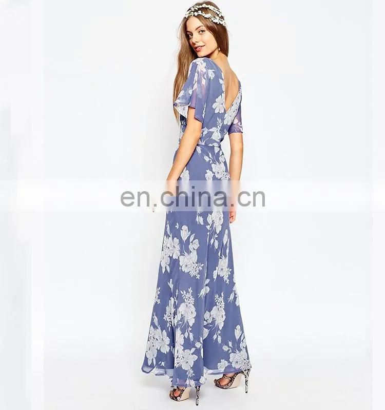 2016 guangdong dongguan High Fashion lady short Sleeve Printed Chiffon ladies long dress