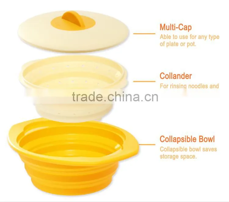 Collapsible Silicone steamer, set of 3, Combine with lid, colander, bowl, BPA FREE, FDA, LFGB, DGCCRF