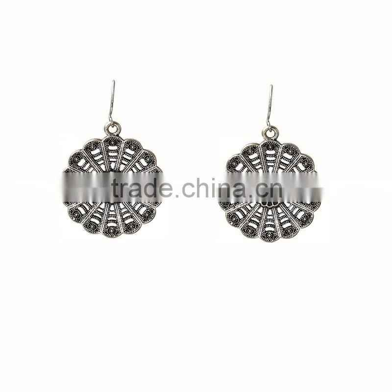 Newest Bohemian Jewelry Wheel Shape Antique Silver Plated Hook Dangle Earrings