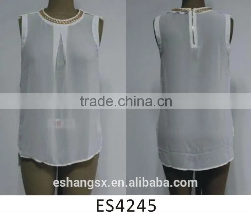 Ladies chiffon sleeveless sheer with necklace blouse