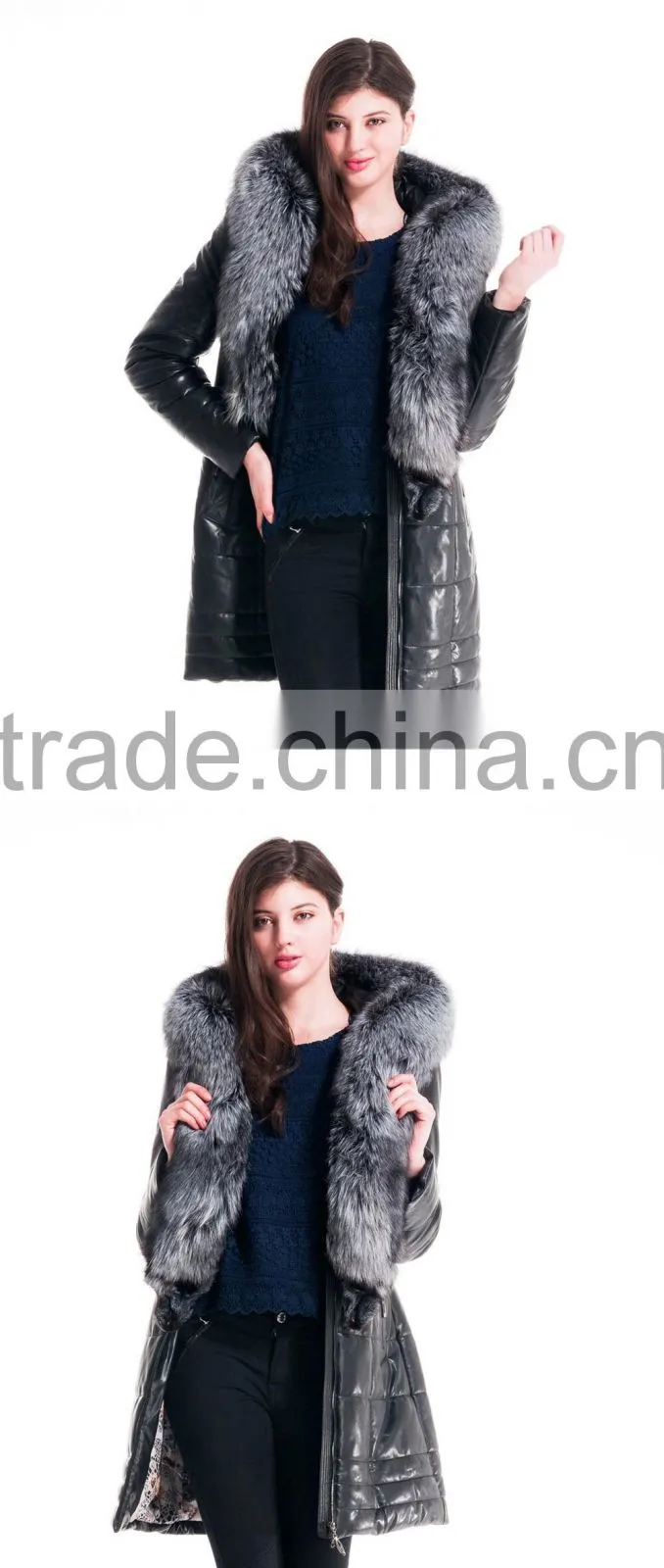 2015 Winter Medium Length Women Leather Jacket With Brown Fox Hat Overcoat