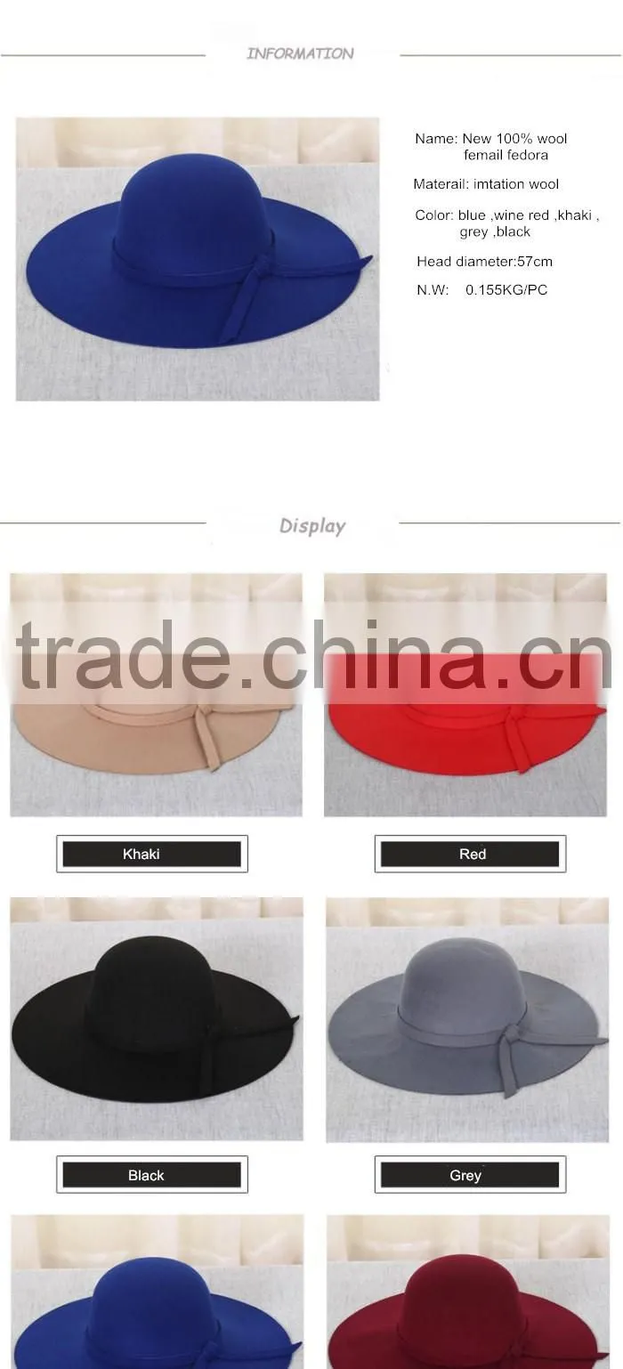 Autumn wide brim cheap fedora New 100% wool smooth women's cap hats with Ribbon bowknot