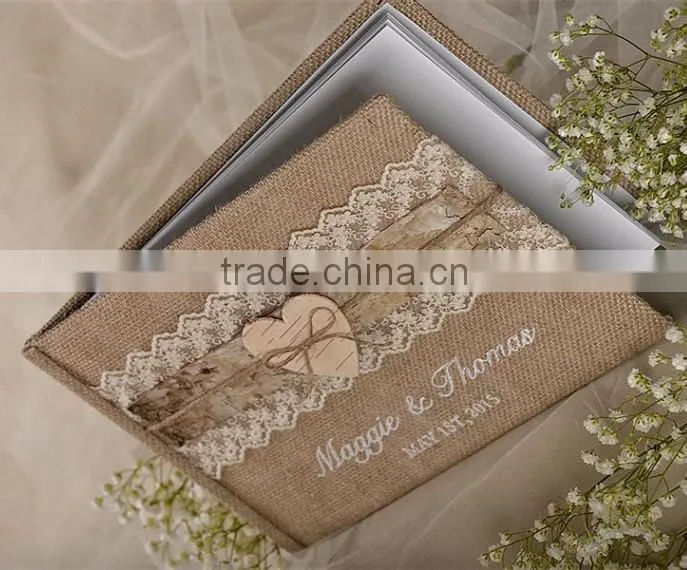 Burlap Natural Birch Bark Wedding Rustic Guestbook with embroidery names